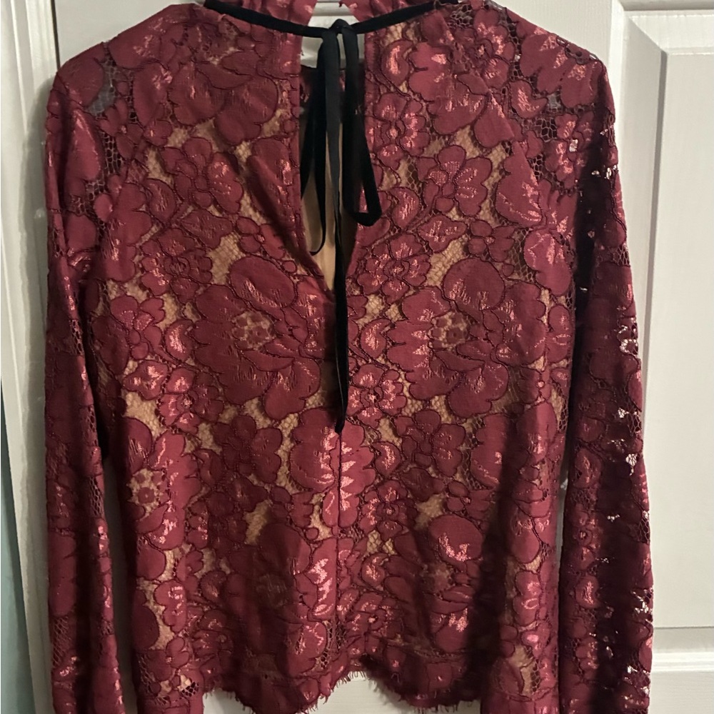 Wayf Burgundy Lace Long-Sleeve Blouse with Velvet Trim - Picture 6 of 6
